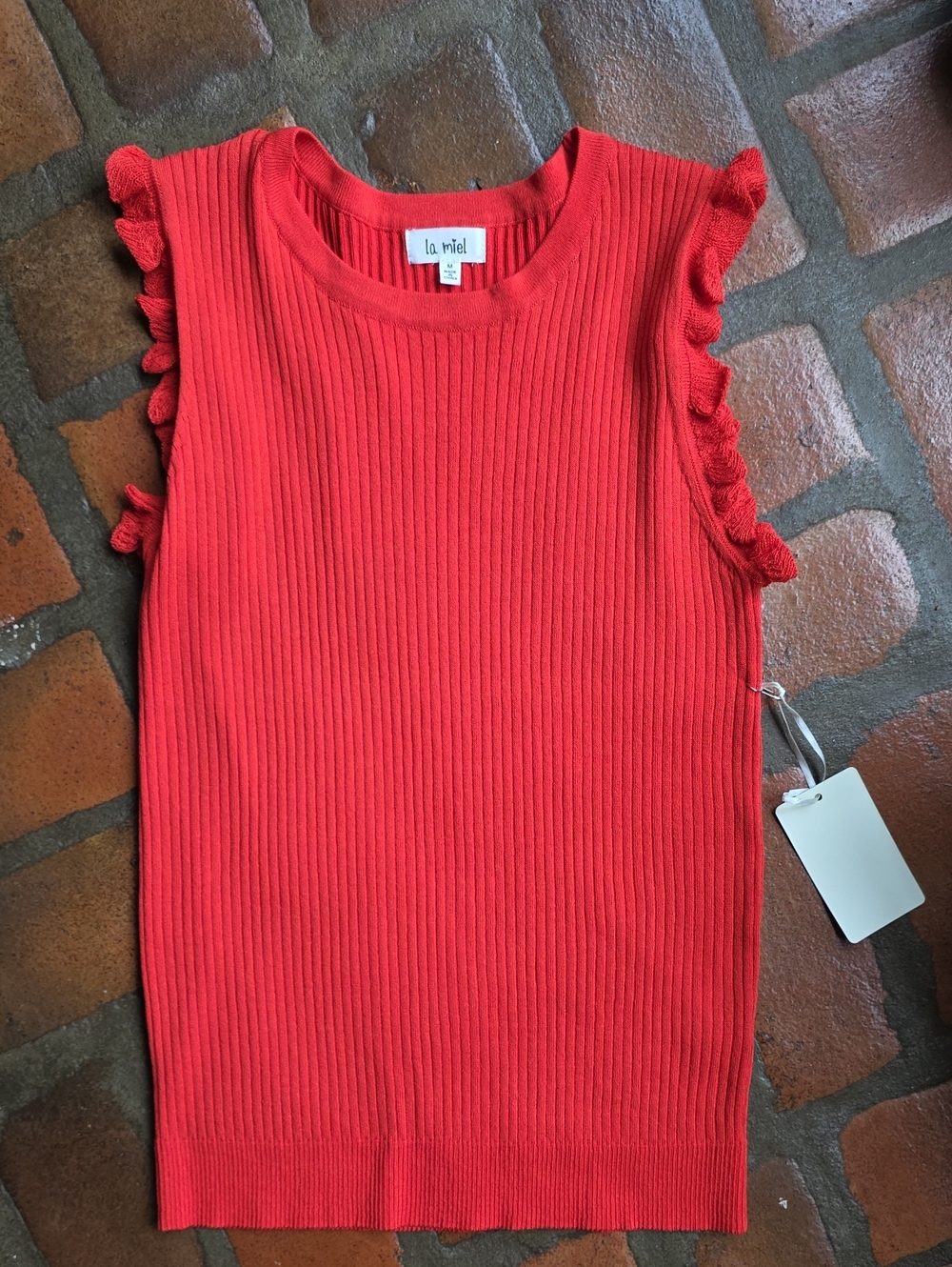 LA MIEL Red Ribbed Tank with Ruffle Cap Sleeves